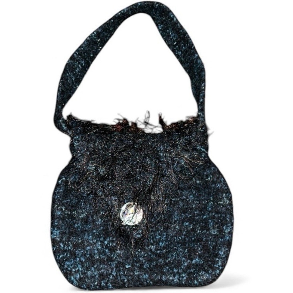 Handmade Boiled Wool Black and Blue Tweed Fuzzy Shoulder Bag Boho Purse
